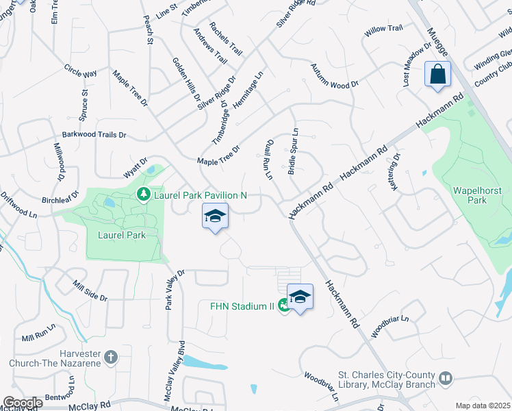 map of restaurants, bars, coffee shops, grocery stores, and more near 104 Travelers Trail in St. Peters
