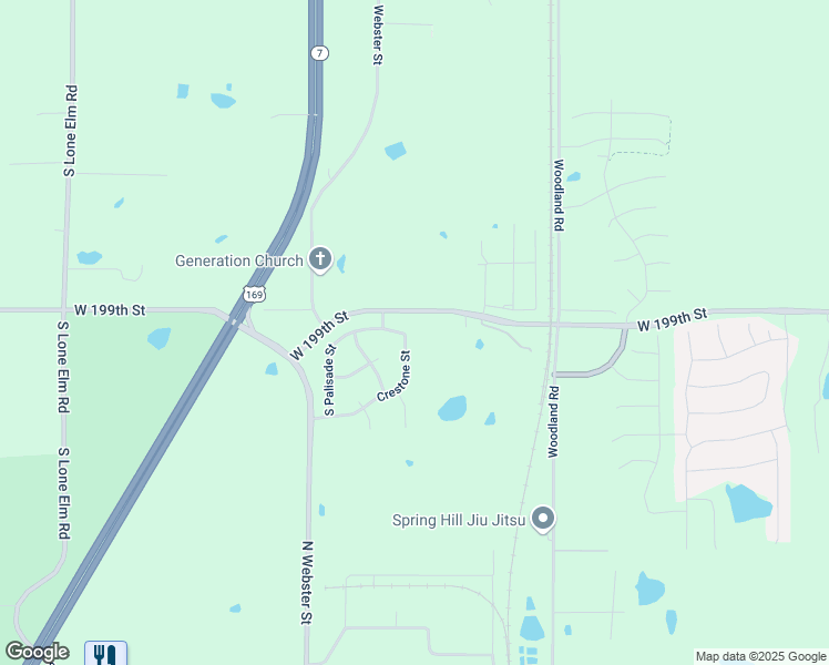 map of restaurants, bars, coffee shops, grocery stores, and more near 19905 South Crestone Street in Spring Hill