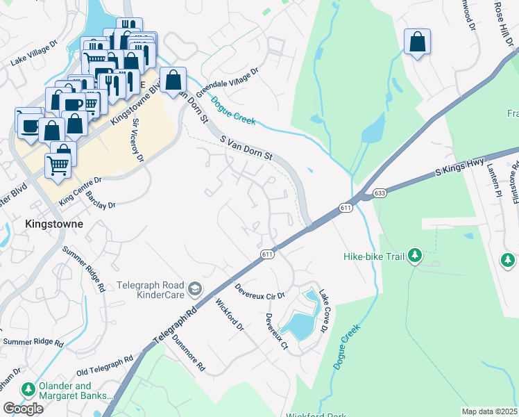 map of restaurants, bars, coffee shops, grocery stores, and more near 5314 Larochelle Drive in Alexandria