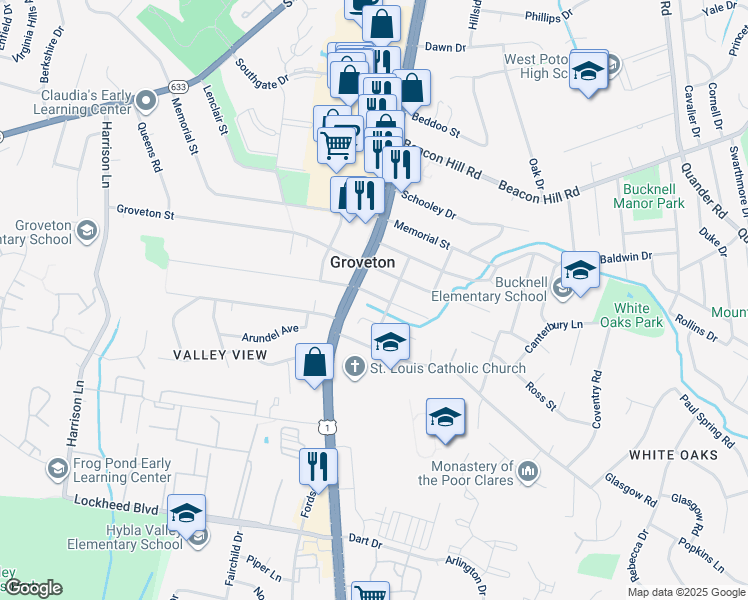 map of restaurants, bars, coffee shops, grocery stores, and more near 2917 East Lee Avenue in Alexandria