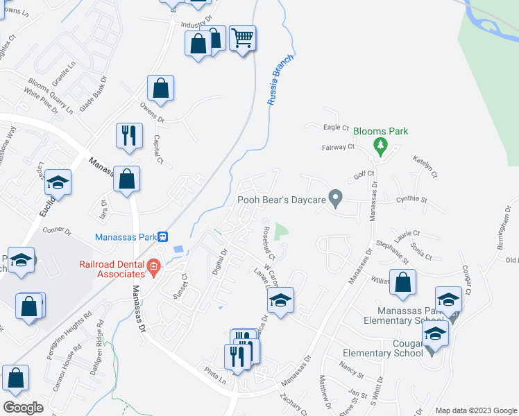 map of restaurants, bars, coffee shops, grocery stores, and more near Wigfall Way in Manassas Park