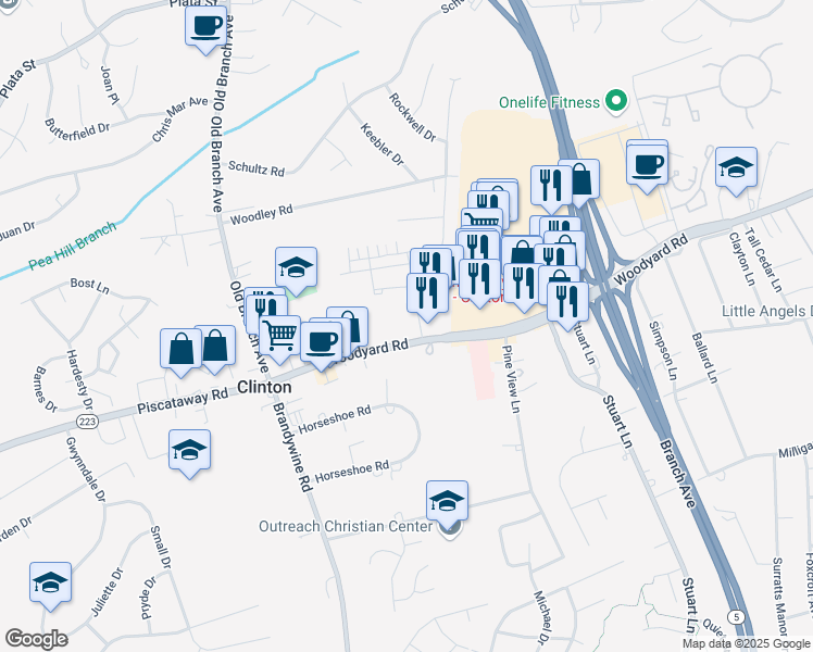 map of restaurants, bars, coffee shops, grocery stores, and more near 9001 Woodyard Road in Clinton