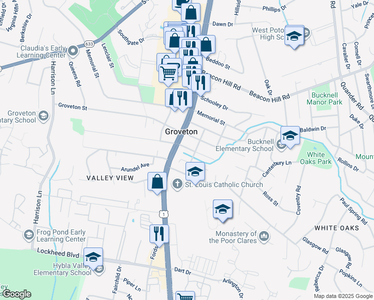 map of restaurants, bars, coffee shops, grocery stores, and more near 2917 East Lee Avenue in Alexandria
