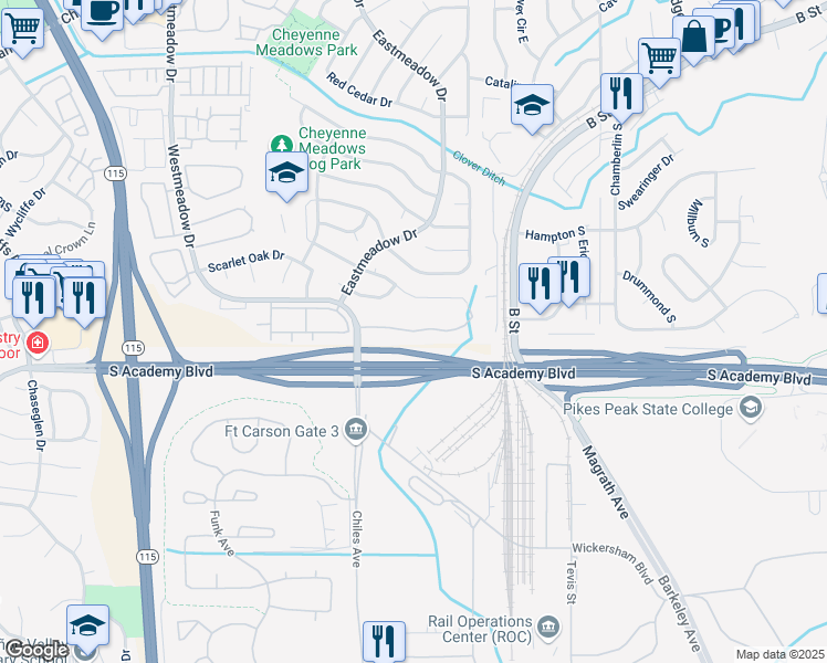 map of restaurants, bars, coffee shops, grocery stores, and more near Meadow Peak View in Colorado Springs