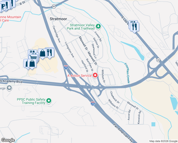 map of restaurants, bars, coffee shops, grocery stores, and more near 1305 Burnham Street in Colorado Springs