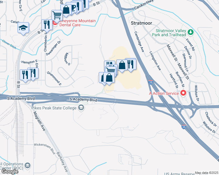 map of restaurants, bars, coffee shops, grocery stores, and more near 4451 Venetucci Boulevard in Colorado Springs