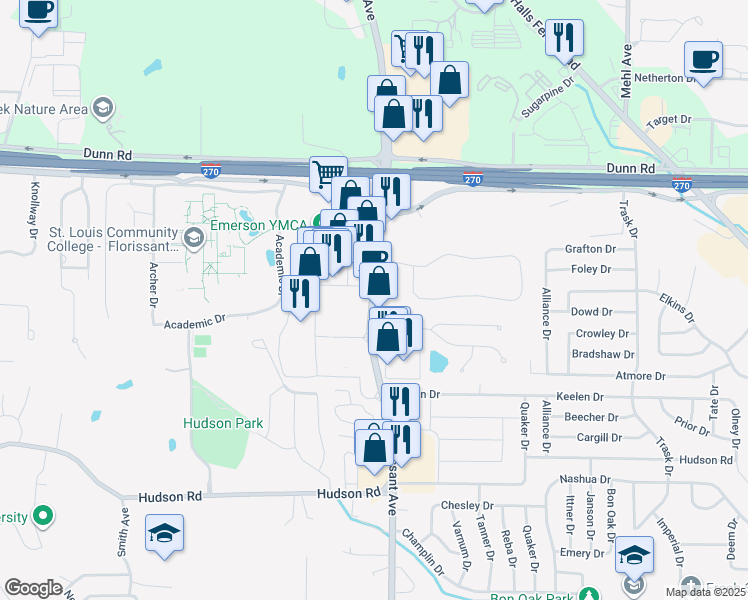 map of restaurants, bars, coffee shops, grocery stores, and more near 10801 West Florissant Avenue in St. Louis