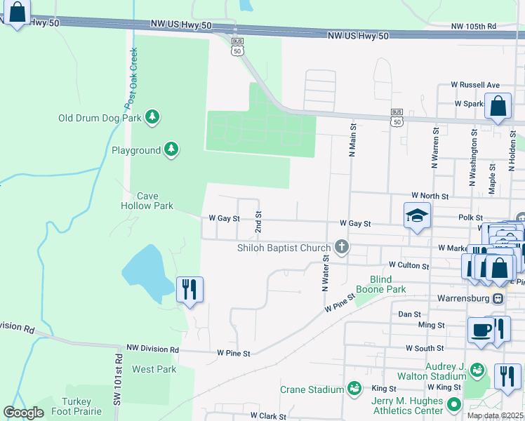 map of restaurants, bars, coffee shops, grocery stores, and more near 700 West Mill Street in Warrensburg