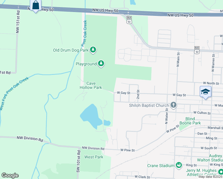 map of restaurants, bars, coffee shops, grocery stores, and more near 91 Northwest 10th Road in Warrensburg