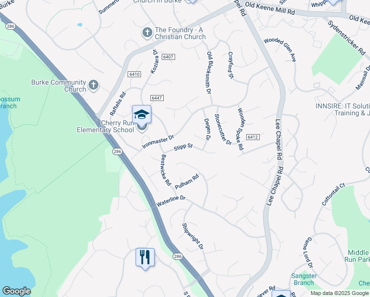 map of restaurants, bars, coffee shops, grocery stores, and more near 9721 Stipp Street in Burke