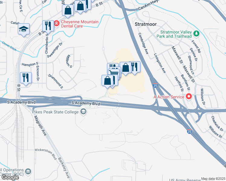 map of restaurants, bars, coffee shops, grocery stores, and more near 4465 Venetucci Boulevard in Colorado Springs