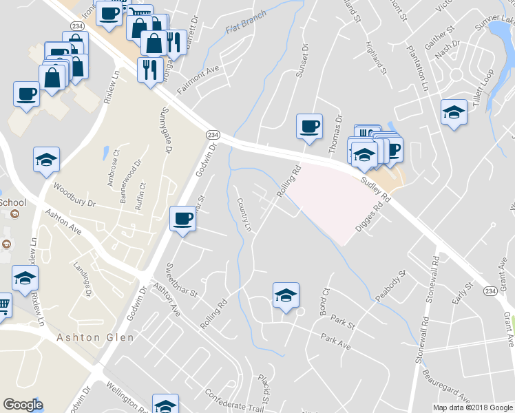 map of restaurants, bars, coffee shops, grocery stores, and more near 8832 Tanglewood Court in Manassas
