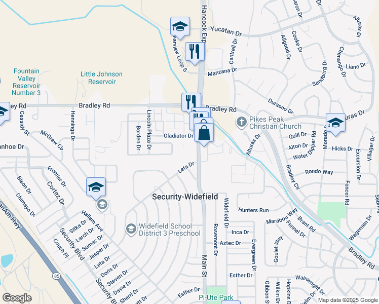 map of restaurants, bars, coffee shops, grocery stores, and more near 1820 Main Street in Colorado Springs