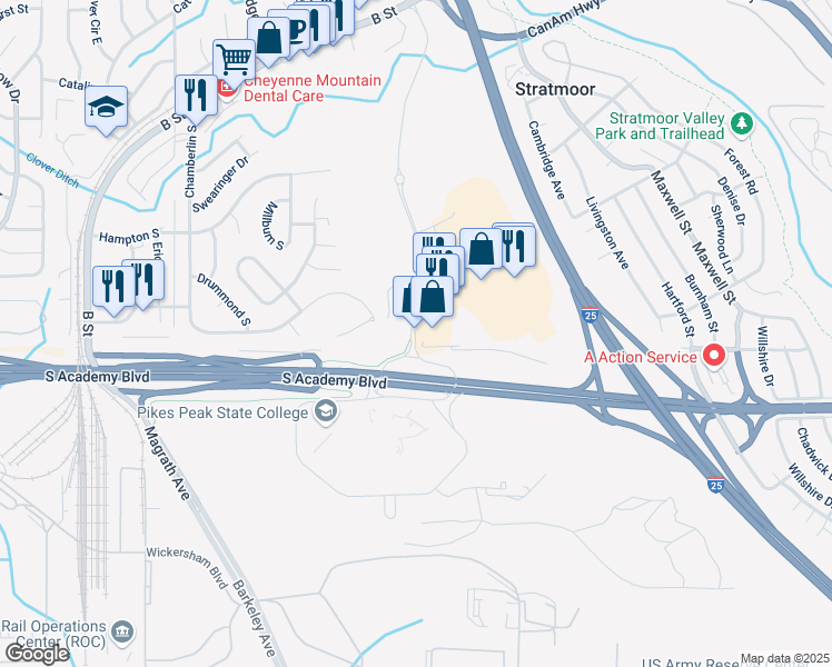 map of restaurants, bars, coffee shops, grocery stores, and more near 4451 Venetucci Boulevard in Colorado Springs