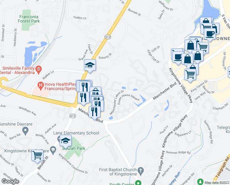 map of restaurants, bars, coffee shops, grocery stores, and more near 6186 Old Brentford Court in Alexandria