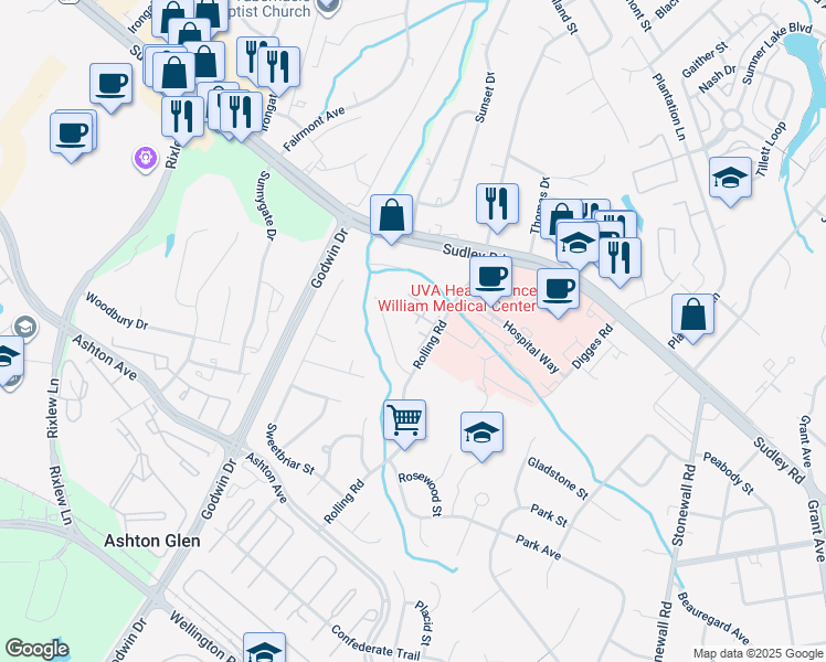 map of restaurants, bars, coffee shops, grocery stores, and more near 8832 Tanglewood Court in Manassas