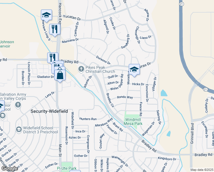 map of restaurants, bars, coffee shops, grocery stores, and more near 5115 Alton Drive in Colorado Springs