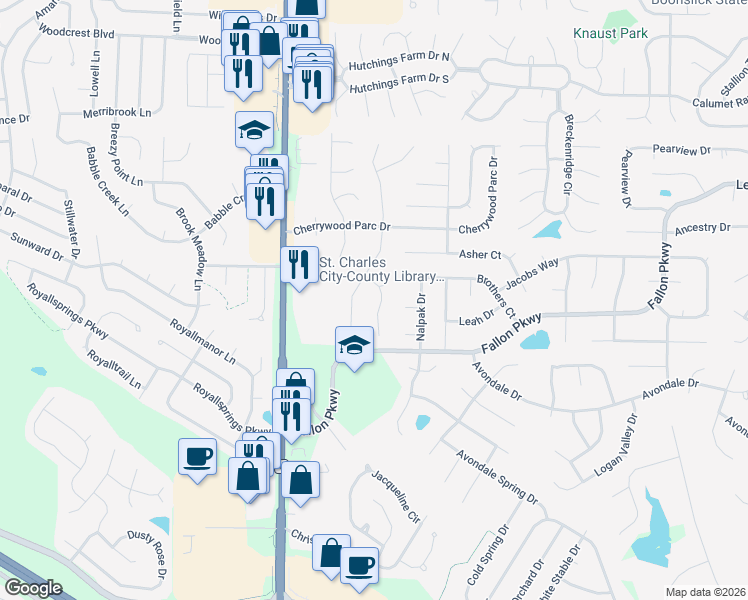 map of restaurants, bars, coffee shops, grocery stores, and more near 4 Red Cedar Parc Court in O'Fallon