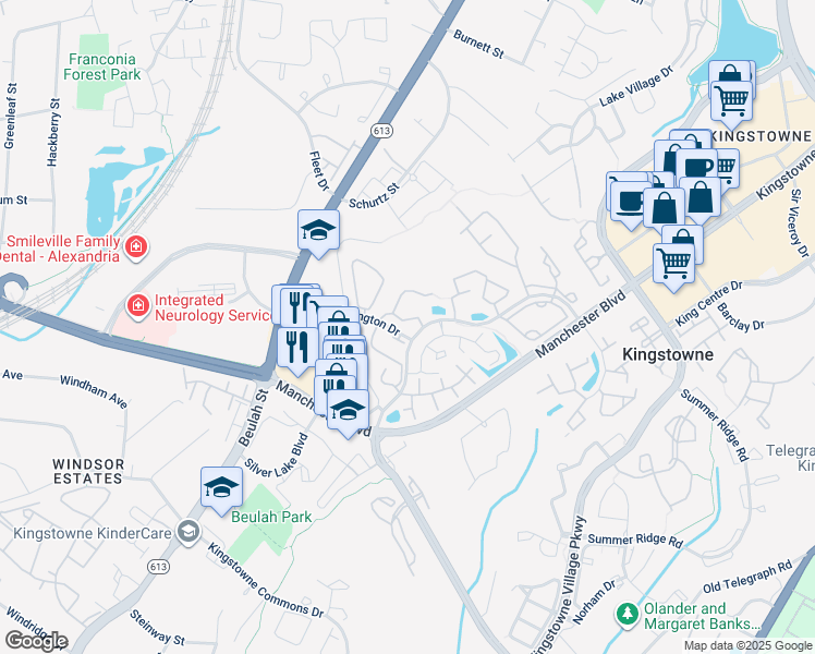 map of restaurants, bars, coffee shops, grocery stores, and more near 6186 Old Brentford Court in Alexandria