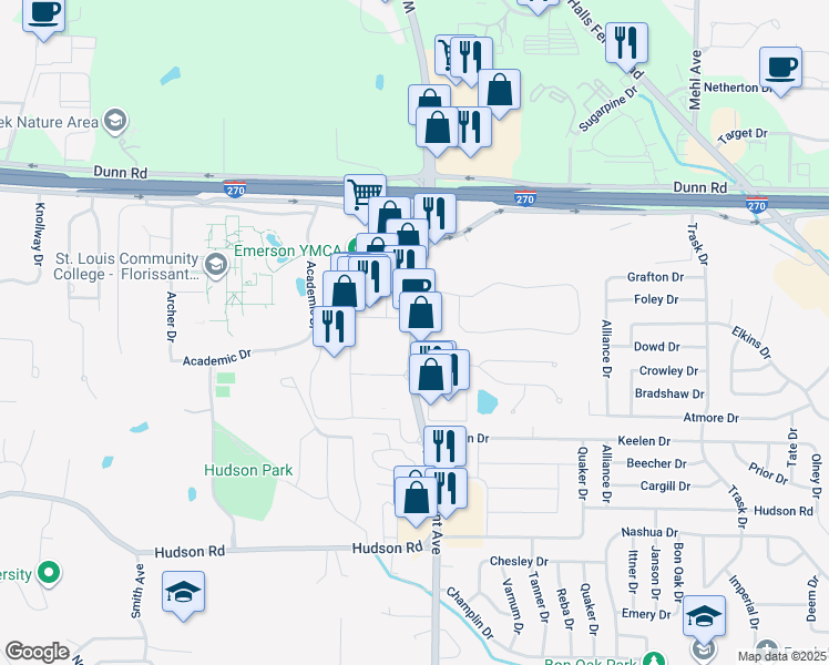 map of restaurants, bars, coffee shops, grocery stores, and more near 10776 West Florissant Avenue in Saint Louis