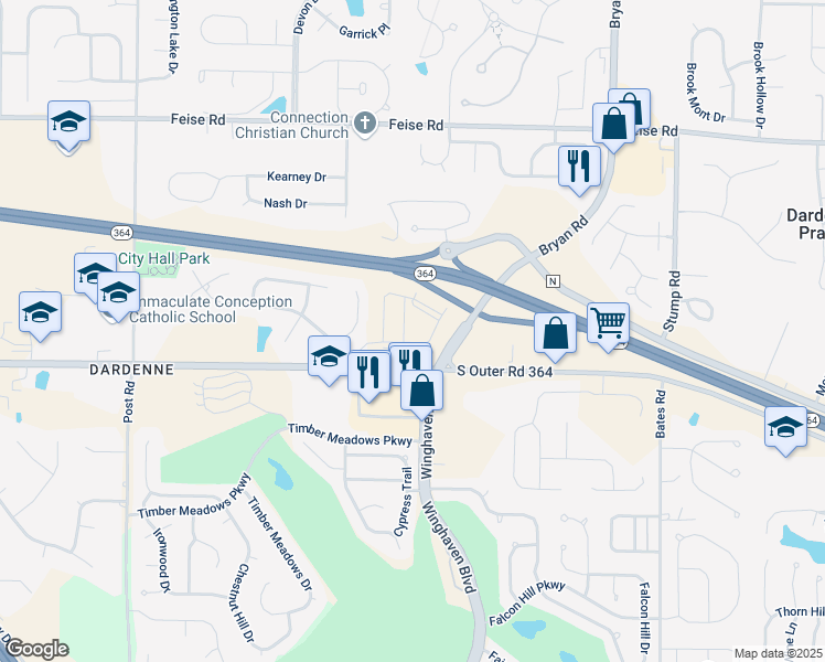 map of restaurants, bars, coffee shops, grocery stores, and more near 210 Dogwood Prairie Drive in Dardenne Prairie