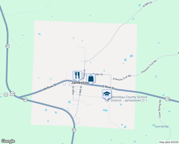map of restaurants, bars, coffee shops, grocery stores, and more near Missouri Y in Jamestown