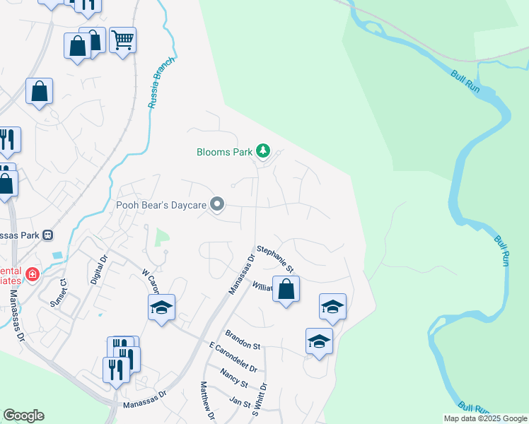 map of restaurants, bars, coffee shops, grocery stores, and more near 9202 Cynthia Street in Manassas Park