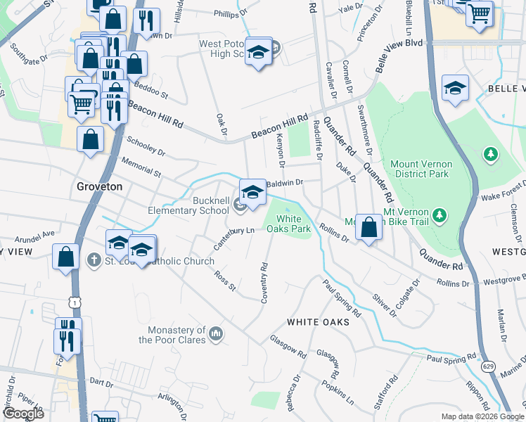 map of restaurants, bars, coffee shops, grocery stores, and more near 6925 University Drive in Alexandria