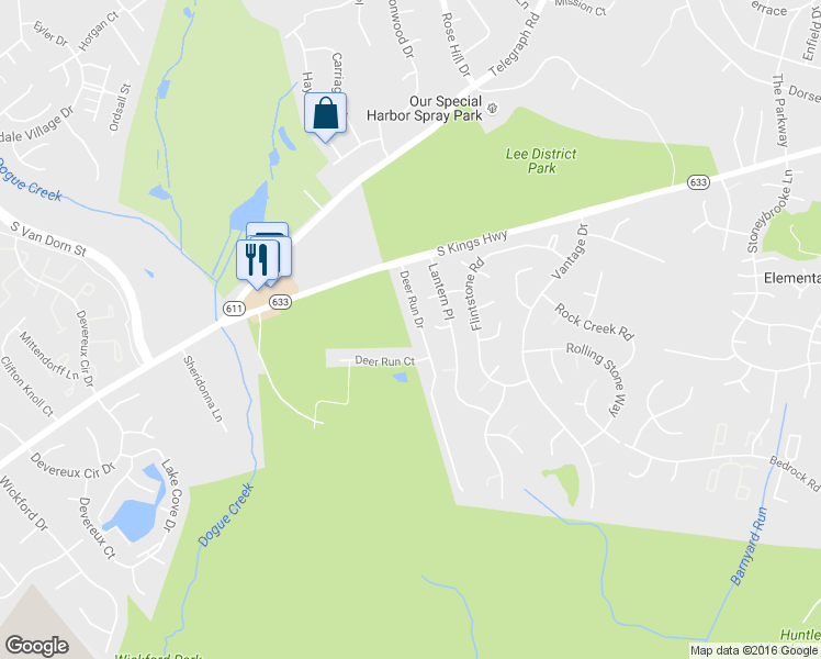 map of restaurants, bars, coffee shops, grocery stores, and more near 6852 Deer Run Drive in Alexandria