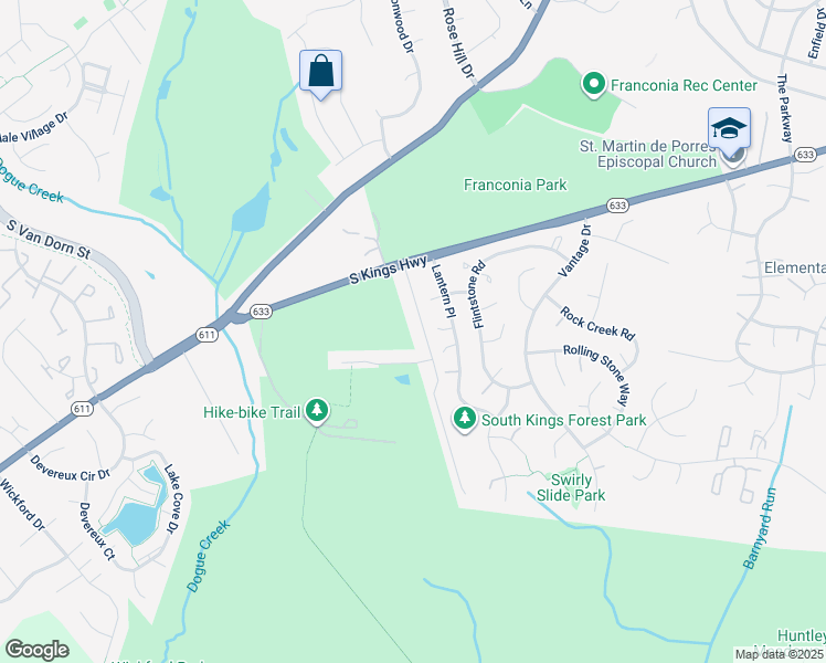 map of restaurants, bars, coffee shops, grocery stores, and more near 6852 Deer Run Drive in Alexandria