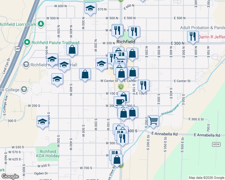 map of restaurants, bars, coffee shops, grocery stores, and more near 59 West Center Street in Richfield