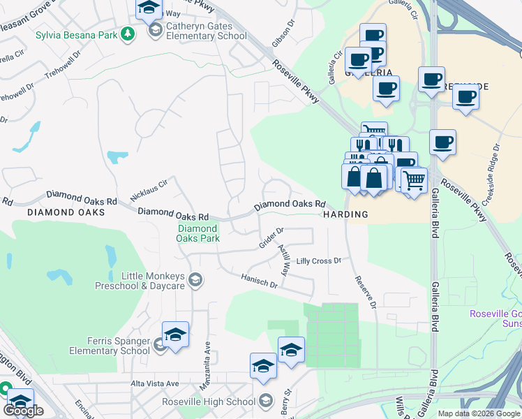 map of restaurants, bars, coffee shops, grocery stores, and more near 471 Diamond Oaks Road in Roseville