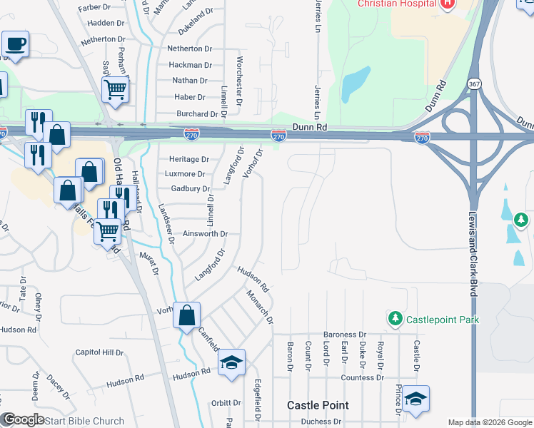 map of restaurants, bars, coffee shops, grocery stores, and more near 10736 Hallwood Drive in St. Louis