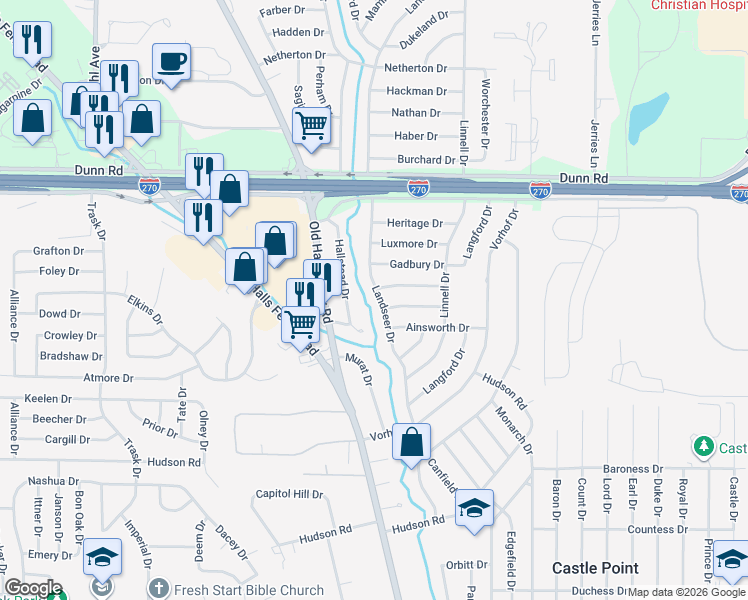 map of restaurants, bars, coffee shops, grocery stores, and more near 10743 Landseer Drive in St. Louis