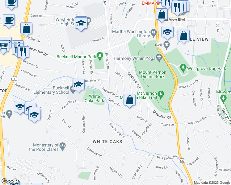 map of restaurants, bars, coffee shops, grocery stores, and more near 6924 Randolph Macon Drive in Alexandria