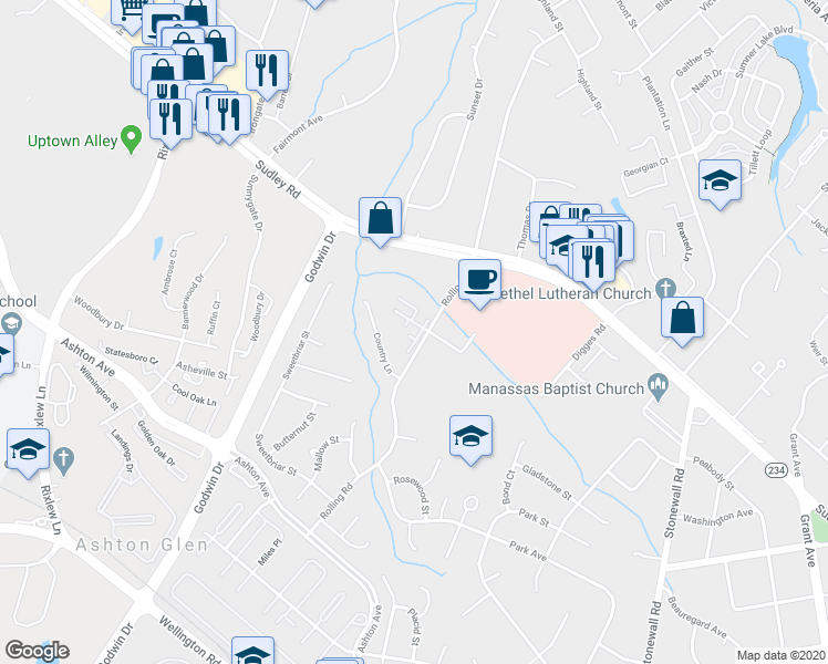 map of restaurants, bars, coffee shops, grocery stores, and more near 8808 Tanglewood Court in Manassas