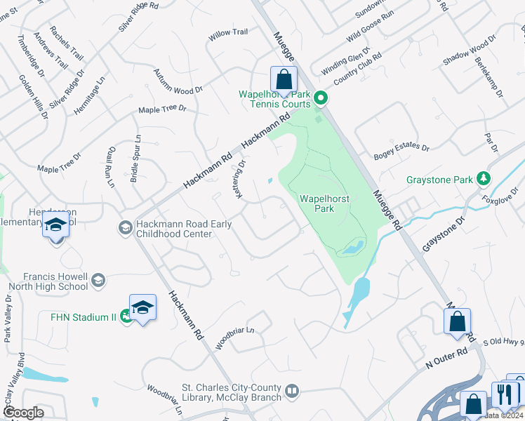 map of restaurants, bars, coffee shops, grocery stores, and more near 57 Danbury Court in Saint Charles