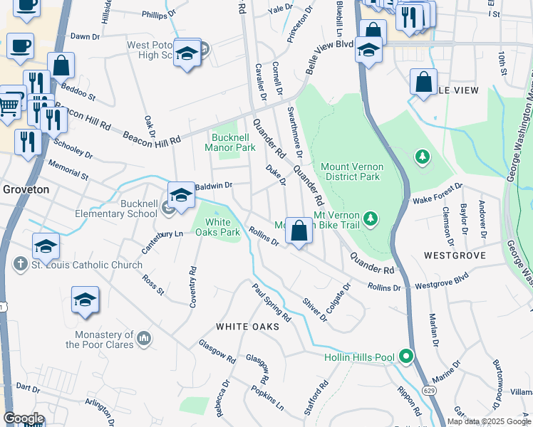 map of restaurants, bars, coffee shops, grocery stores, and more near 6924 Randolph Macon Drive in Alexandria