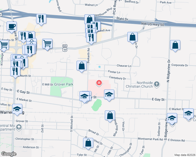 map of restaurants, bars, coffee shops, grocery stores, and more near 517 Cantebury Drive in Warrensburg