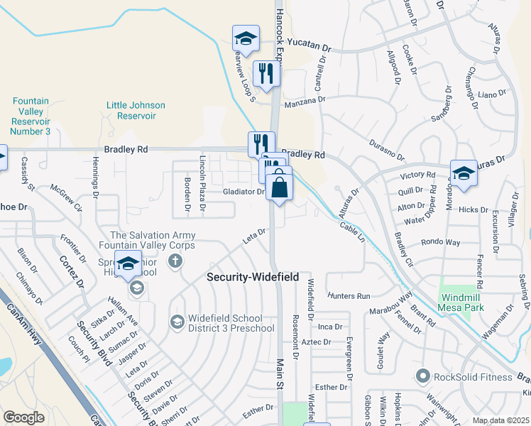 map of restaurants, bars, coffee shops, grocery stores, and more near 930 Leta Drive in Colorado Springs