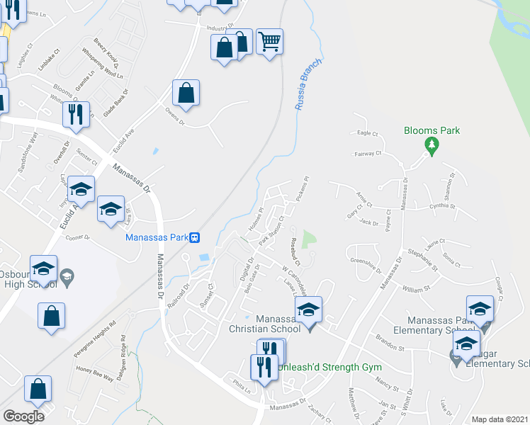 map of restaurants, bars, coffee shops, grocery stores, and more near 9712 Handerson Place in Manassas Park