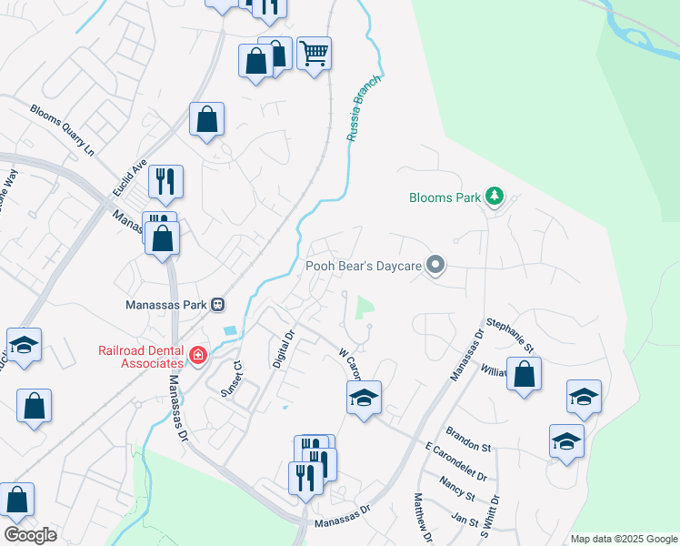map of restaurants, bars, coffee shops, grocery stores, and more near 9606 Wigfall Way in Manassas Park
