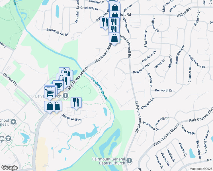 map of restaurants, bars, coffee shops, grocery stores, and more near 7 Colchester Court in St. Peters