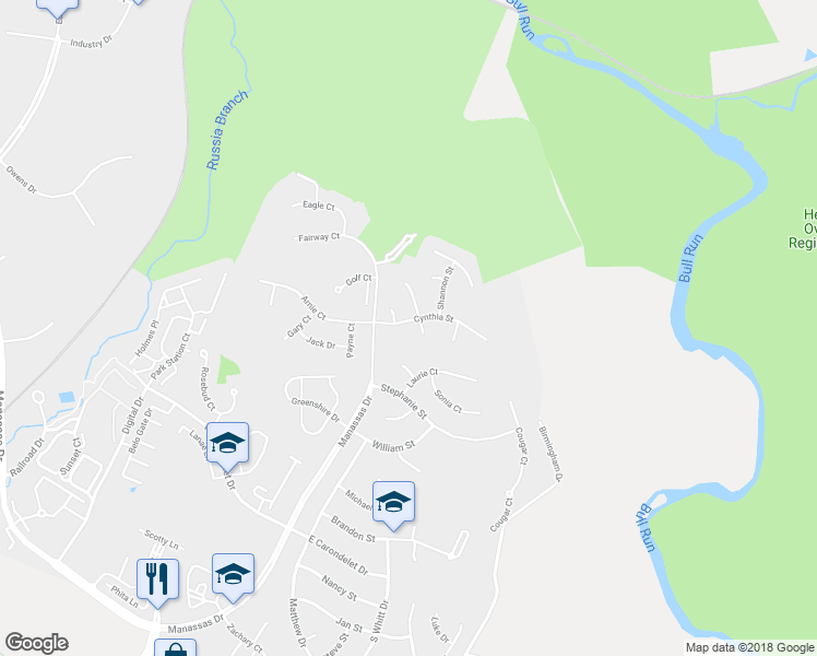 map of restaurants, bars, coffee shops, grocery stores, and more near 9210 Cynthia Street in Manassas