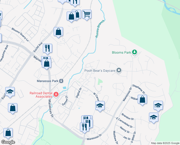 map of restaurants, bars, coffee shops, grocery stores, and more near 9713 Handerson Place in Manassas Park