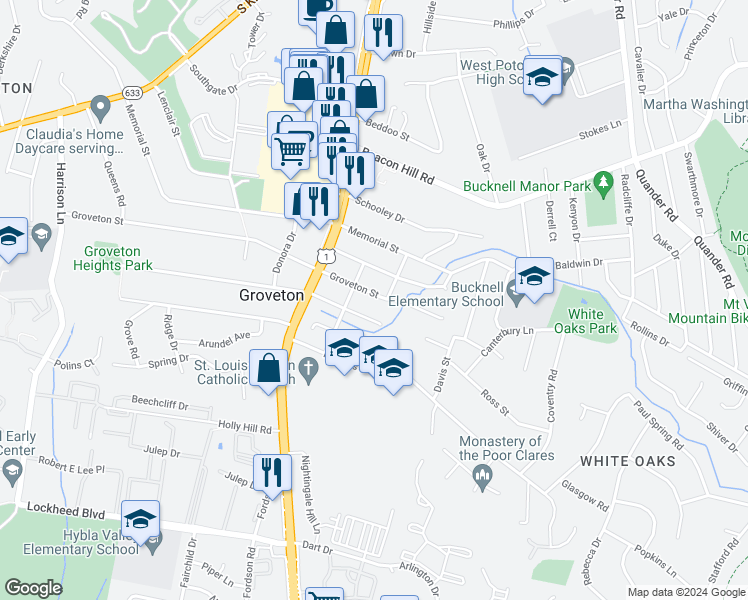 map of restaurants, bars, coffee shops, grocery stores, and more near 2811 Groveton Street in Alexandria