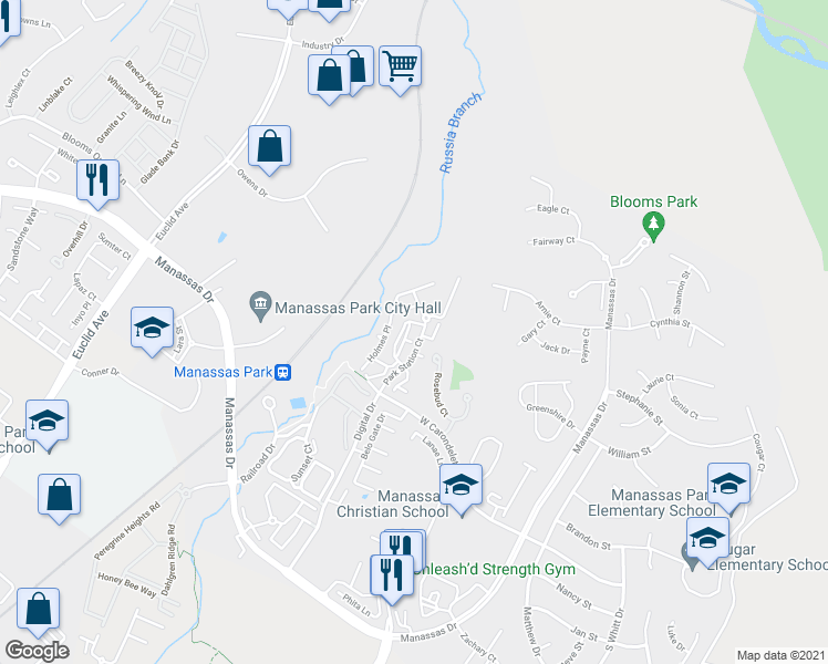 map of restaurants, bars, coffee shops, grocery stores, and more near Handerson Place in Manassas Park