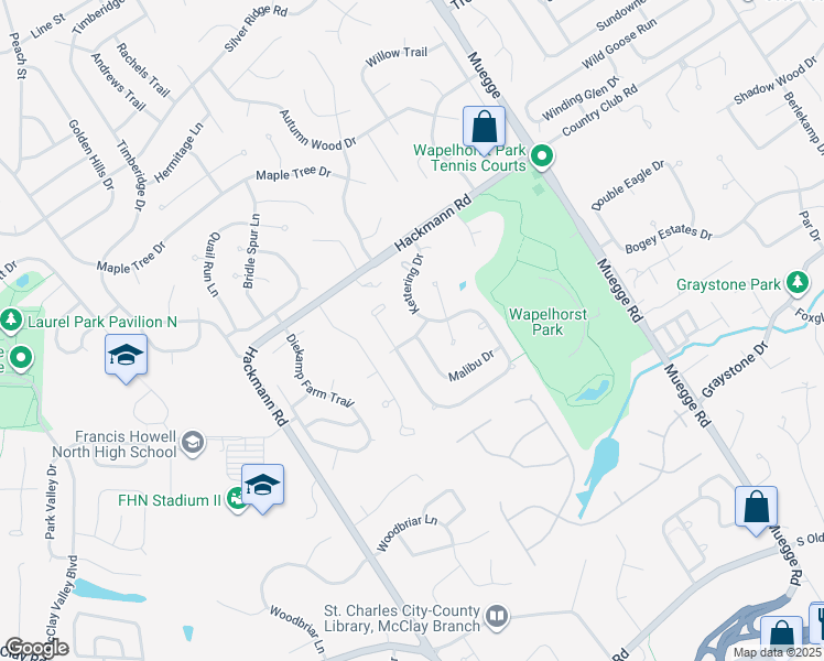 map of restaurants, bars, coffee shops, grocery stores, and more near 2909 Kettering Drive in Saint Charles