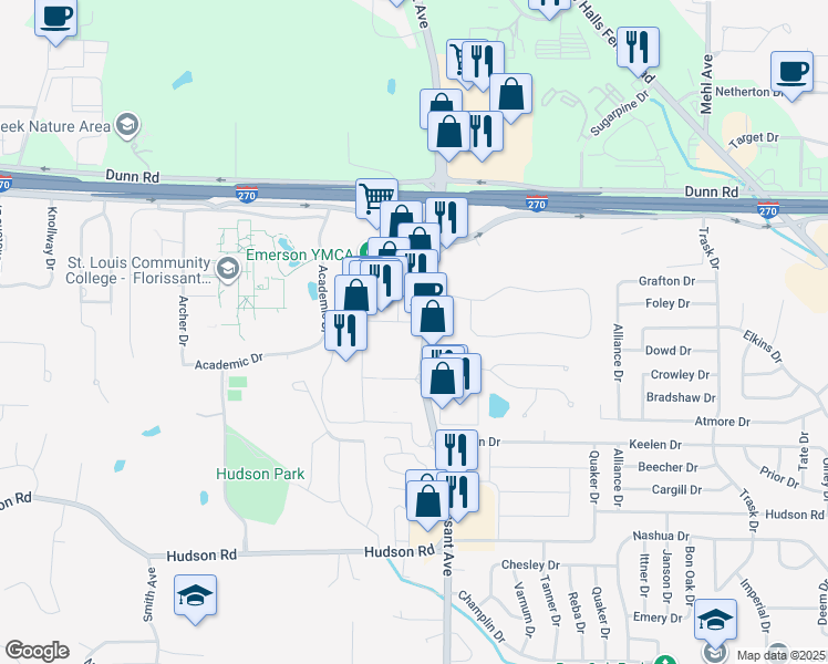 map of restaurants, bars, coffee shops, grocery stores, and more near 10801 West Florissant Avenue in St. Louis