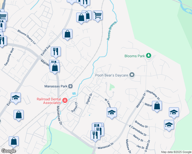 map of restaurants, bars, coffee shops, grocery stores, and more near Handerson Place in Manassas Park